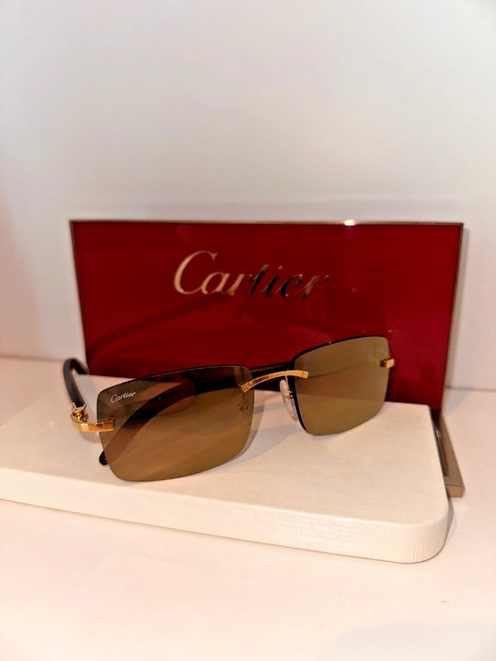 NEW Authentic Cartier CT0012RS 001 Gold Brown Grey Rimless Sunglasses (Full Set)